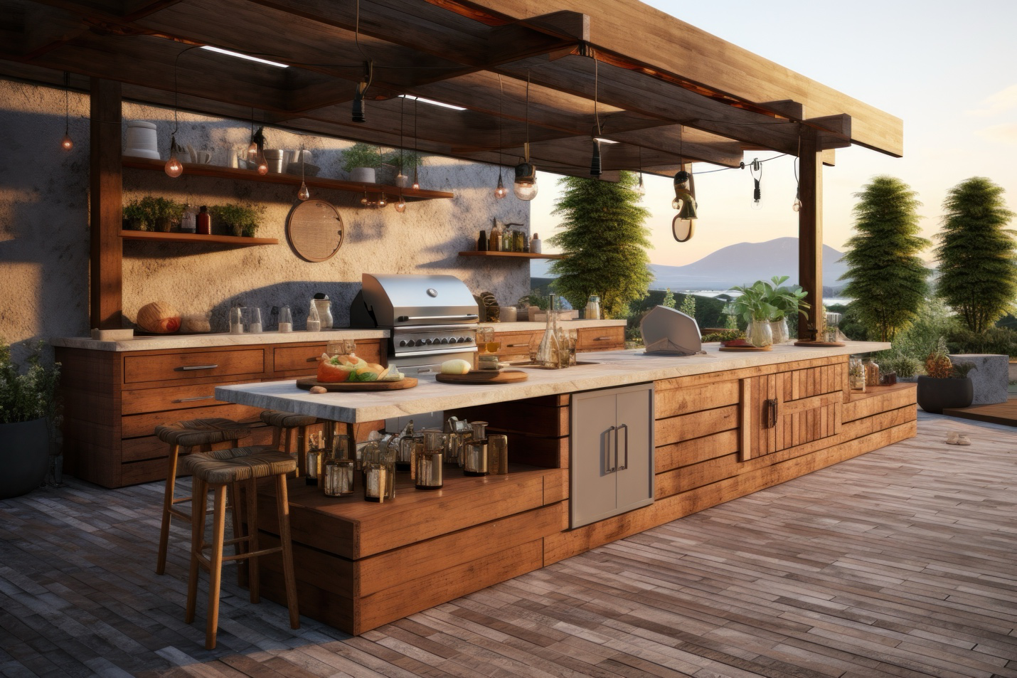 Tampa Flooring | Outdoor Kitchen Trends in Tampa: Must-Have Features for 2025 An outdoor kitchen with marble countertops, outdoor grill, and wood cabinets
