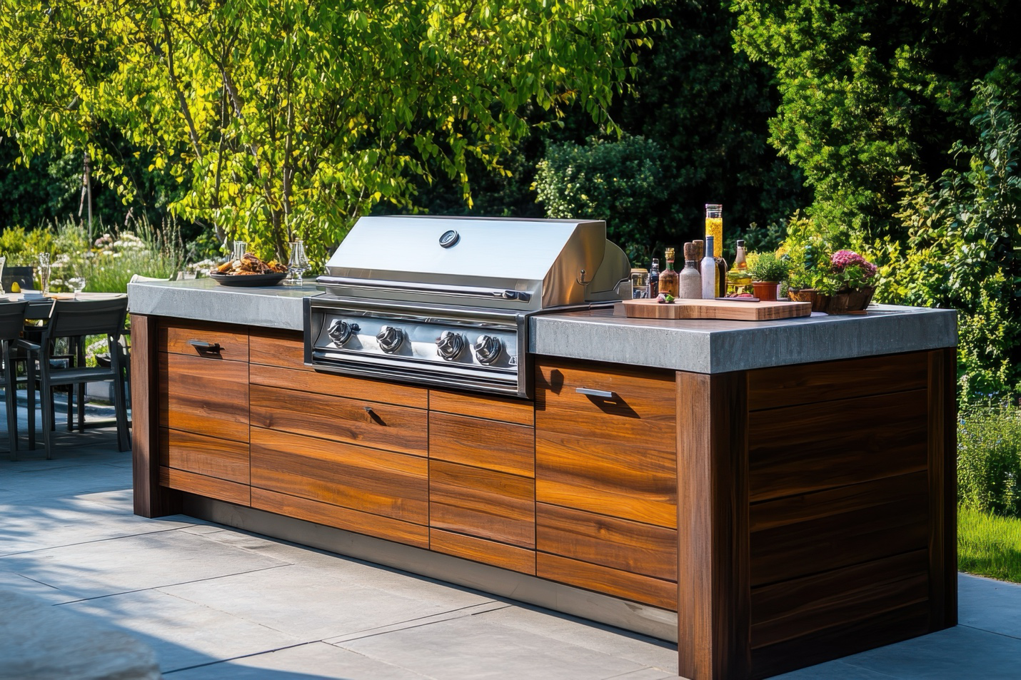 Tampa Flooring | Outdoor Kitchen Trends in Tampa: Must-Have Features for 2025 A stylish outdoor kitchen area with a grill, gray countertop and wood cabinets