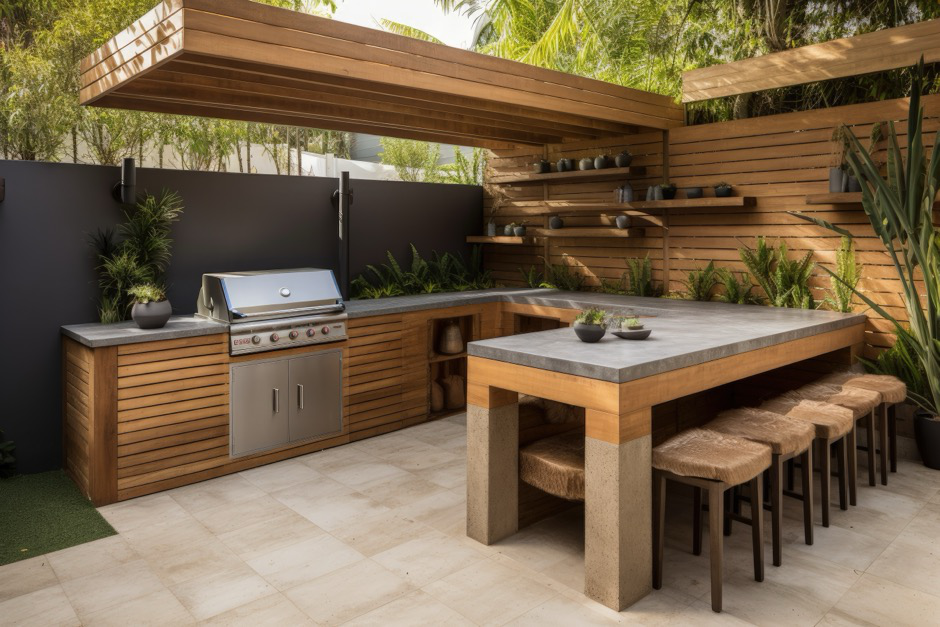 Tampa Flooring | What Makes the Perfect Outdoor Kitchen Flooring for Your Project in Tampa? An outdoor kitchen with wood cabinets, gathering area, and tiles