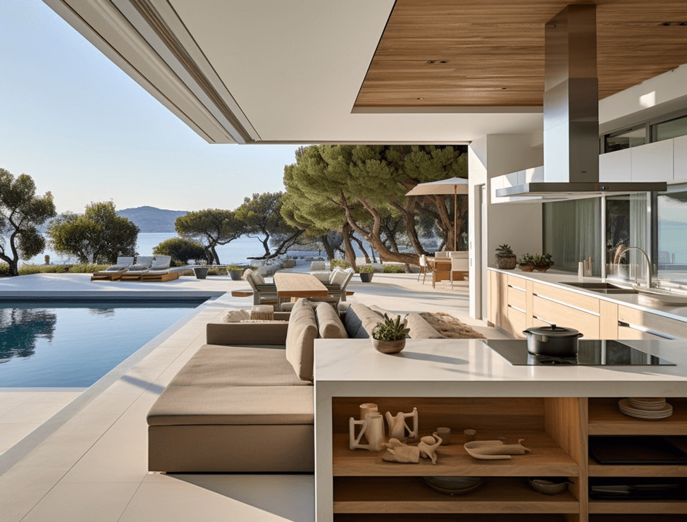 Tampa Flooring | Outdoor Kitchen Must-Haves for the Ultimate Backyard Experience An outdoor kitchen with sleek lines and an outdoor sofa and a stove.
