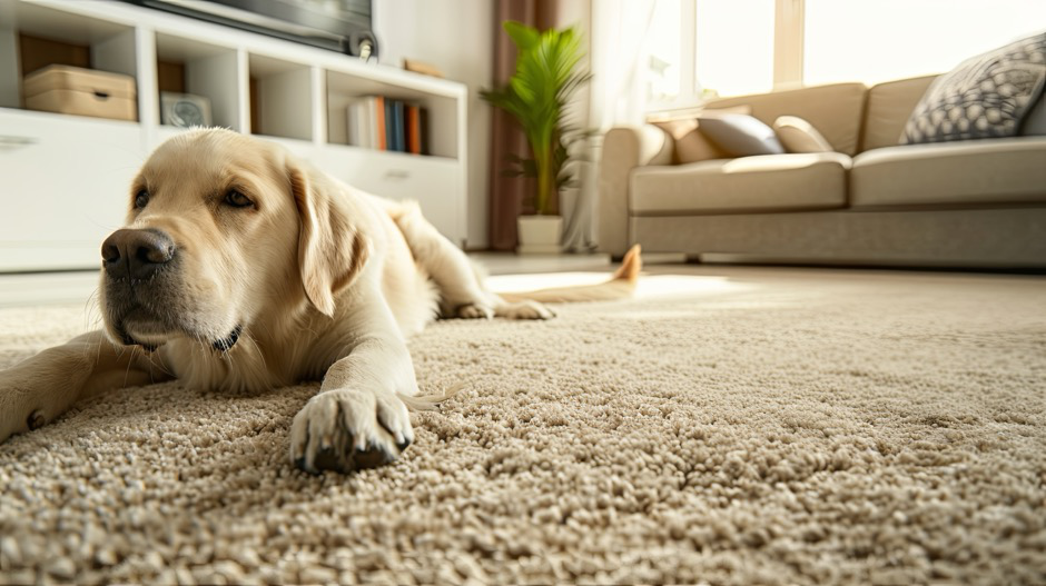 Tampa Flooring | 5 Signs It’s Time to Replace Your Carpet in Tampa A labrador dog lies on a dirty white carpet