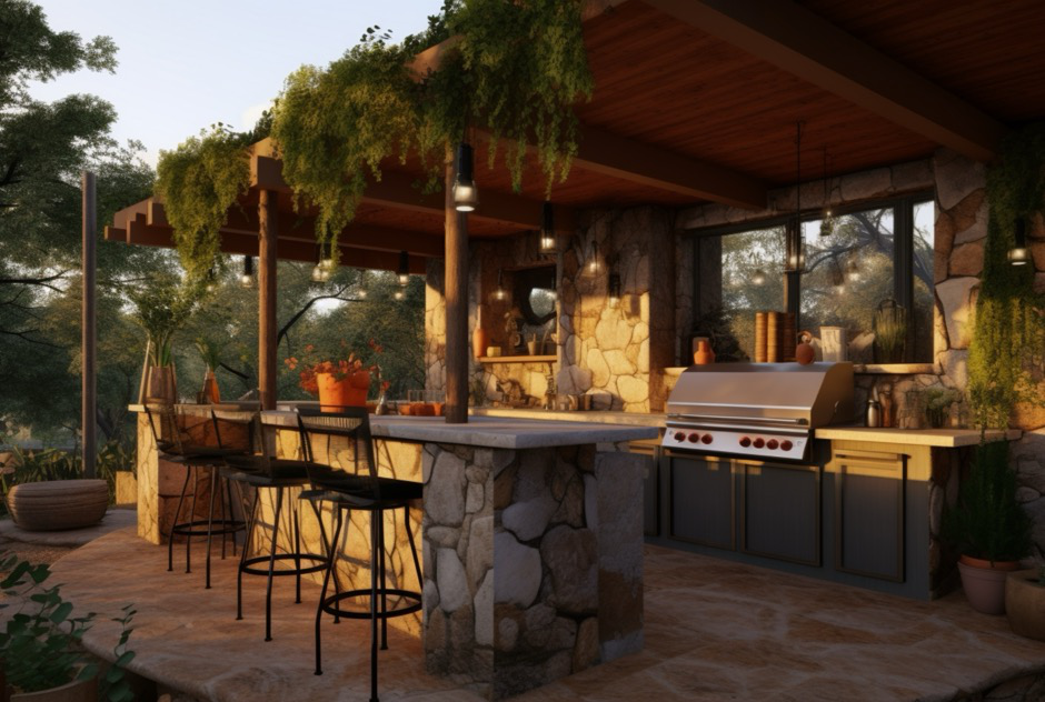 An outdoor kitchen with natural stone on the patio