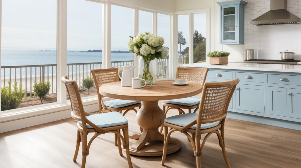 Tampa Flooring | Why Laminate Flooring Is a Smart Choice for Busy Households A cozy coastal-style kitchen with light-colored laminate wood flooring and sea-blue cabinets overlooking the water.
