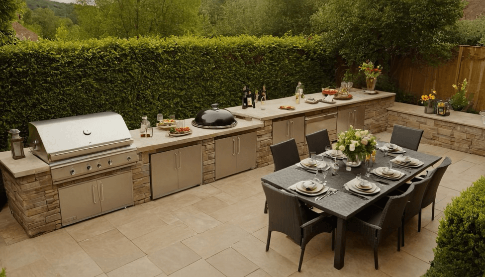 Tampa Flooring | Outdoor Kitchen Must-Haves for the Ultimate Backyard Experience A luxurious outdoor kitchen and dining area with modern stone foundation and spacious tile deck.