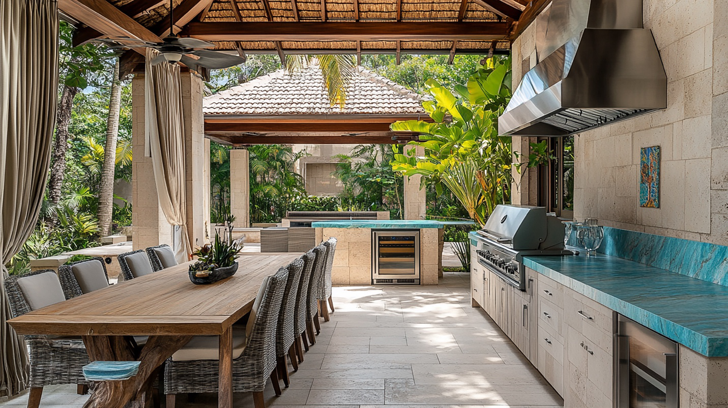 Tampa Flooring | Outdoor Kitchen & Flooring Pairings That Elevate Your Tampa Backyard An outdoor kitchen space with tile flooring and aqua-colored countertops.