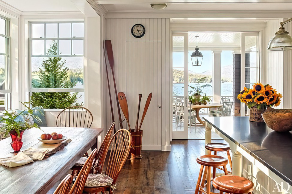 A coastal-style kitchen with wood floors.
