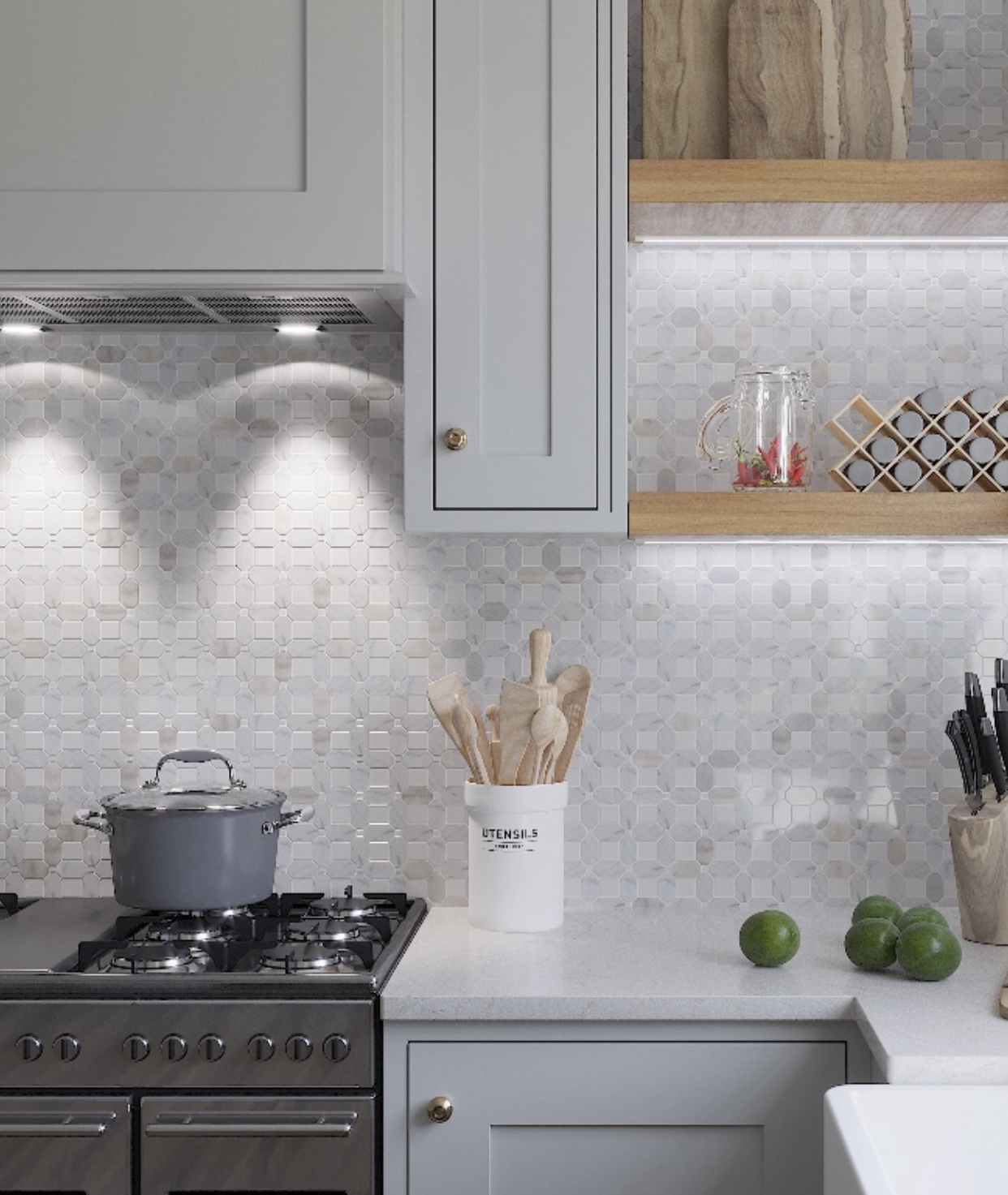 A large kitchen with a tile backsplash.