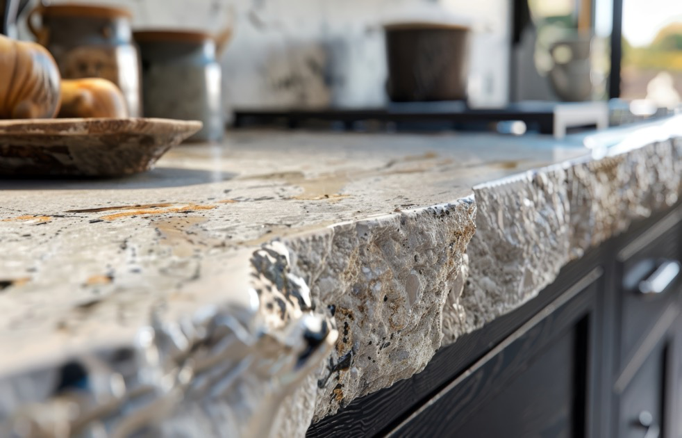 A granite counter top with a rough edge. 