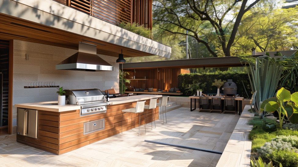 An outdoor kitchen with a wood facade and natural stone tiles.