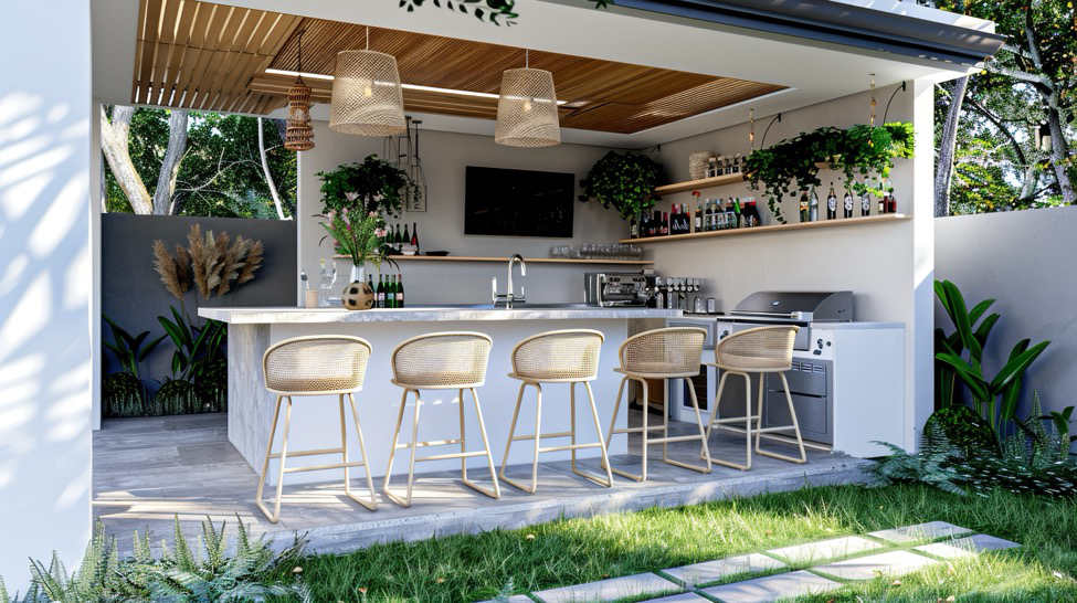 A large outdoor kitchen with stone flooring.