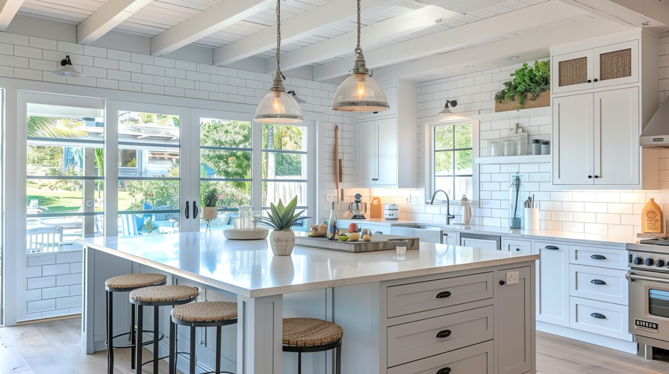 Coastal kitchen renovation with wood-look flooring and natural light installed by Tampa Flooring Gallery.