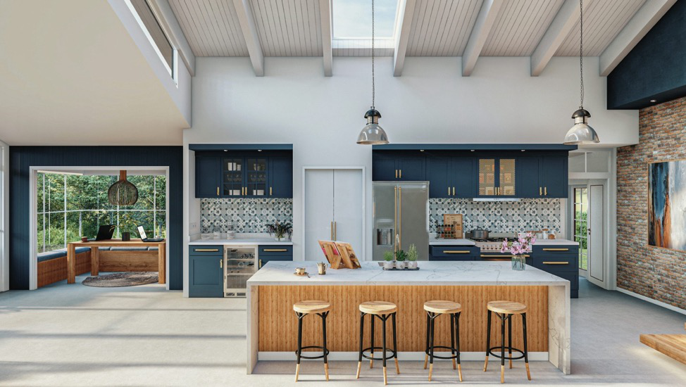 Spacious open-concept kitchen with center island, bar stools, and modern architecture in dark blue, white, and natural wood tones.