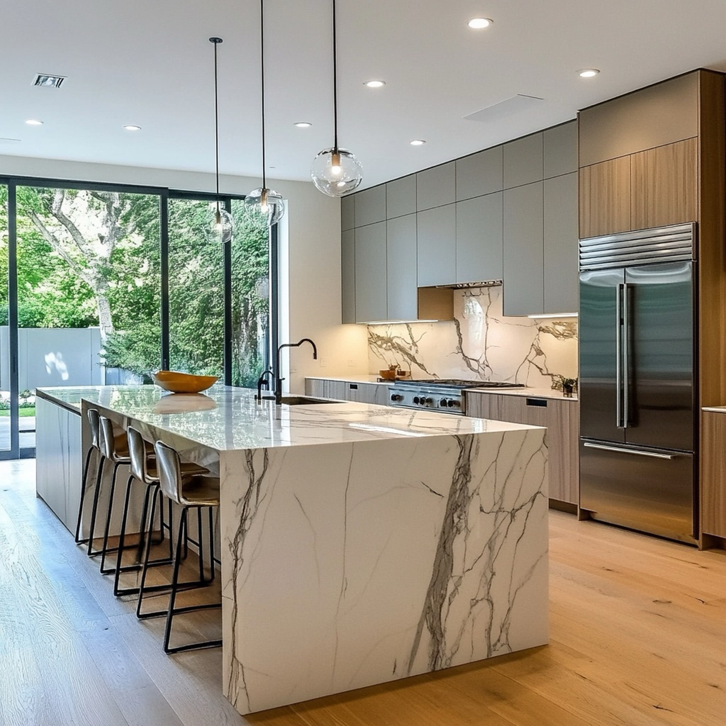 Tampa Flooring | The Perfect Pairing: How Granite Countertops and Tiles Shape Your Kitchen’s Style Modern kitchen with granite countertops, matching backsplash, and wooden accents.