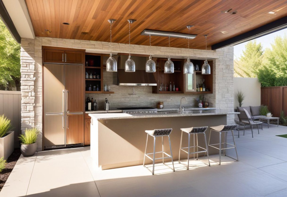Vibrant outdoor kitchen setup with pendulum lighting, outdoor tile flooring, and limestone walls.