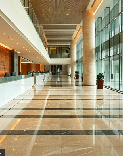 A sleek commercial lobby featuring high-end flooring with a professional finish