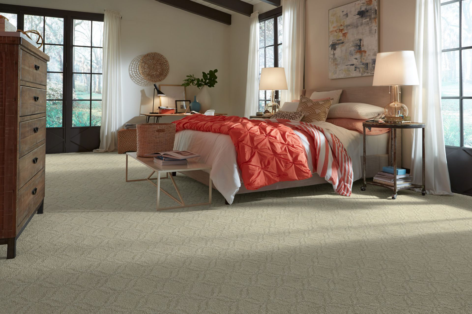 A bedroom with soft carpet flooring, creating a warm and inviting atmosphere.