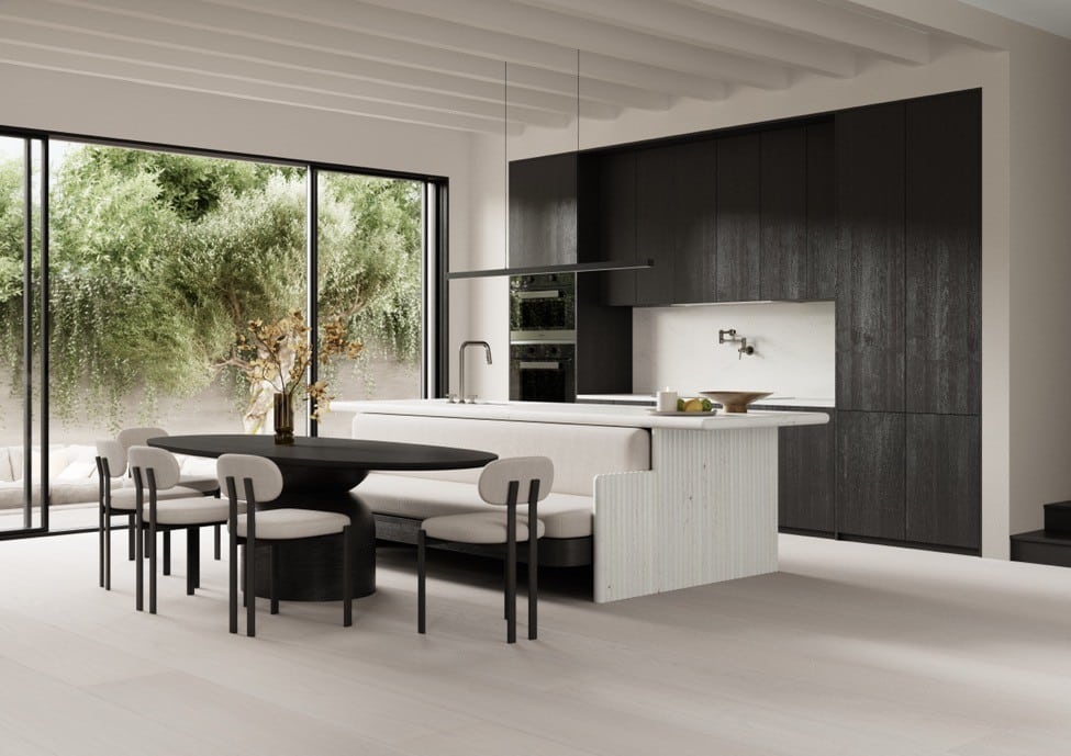 A unique kitchen with a durable floor, highlighting the resilience of the waterproof flooring in Tampa homes.