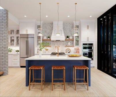 : A bright open-concept kitchen and living area featuring moisture-resistant surfaces as well as Wellborn cabinets, typical of the waterproof flooring in Tampa homes.