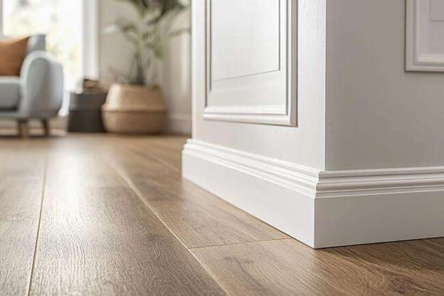 Close-up of clean white baseboards on a wood floor, illustrating easy DIY flooring updates for Tampa homeowners.