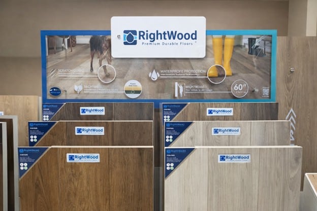 Tampa Flooring Gallery showroom featuring RightWood laminate flooring displays.