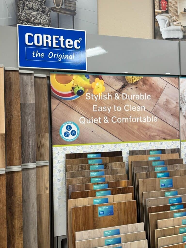 COREtec vinyl flooring display showcasing durable wood-look options in a Tampa showroom.